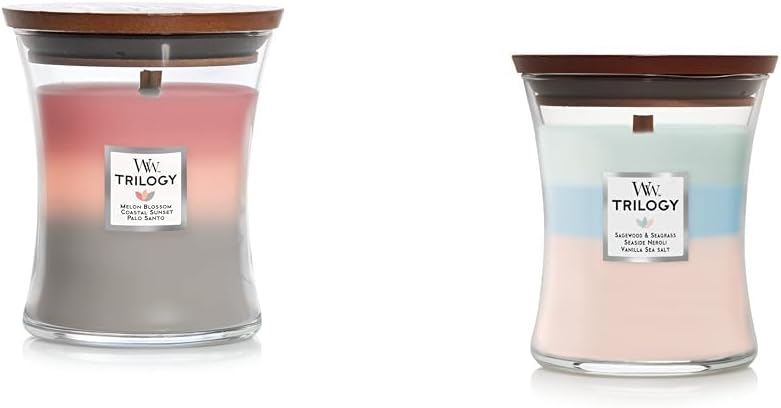 WoodWick Medium Hourglass Candle, Shoreline - Premium Soy Blend Wax, Pluswick Innovation Wood Wick & Medium Hourglass Candle, Oceanic - Premium Soy Blend Wax, Pluswick Innovation Wood Wick