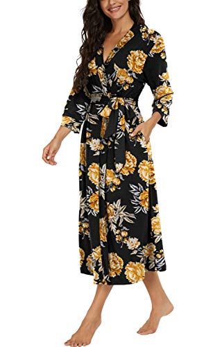 Vintatre Women Kimono Robes Long Knit Bathrobe Lightweight Soft Knit Sleepwear V-Neck Casual Ladies Loungewear Fp-Yellow Black-Medium #TOP1