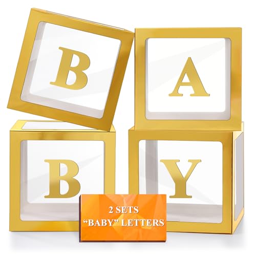 Image of Ledido Baby Boxes with Letters for Baby Shower Decorations, 4 pcs Clear Balloon Boxes with Letters for Boys Girls Gender Reveal Decorations Birthday Wedding Backdrop Party (Gold)