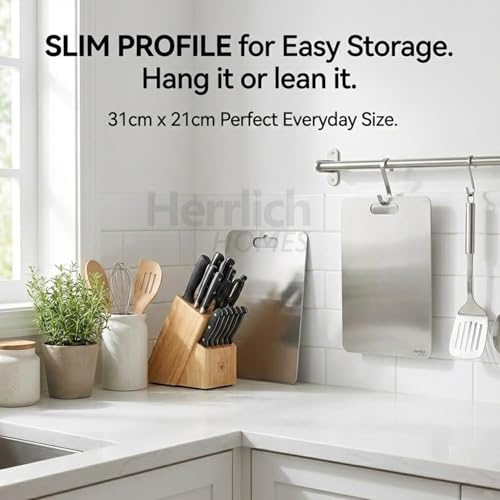 Image of Herrlich Homes Rectangle Stainless Steel Chopping Board | with Steel Straw & Anti-Skid Silicon Pad | for Cutting Vegetables, Meat, Fish, Fruits | Chopping Board for Kitchen | M | 31 x 21 cm