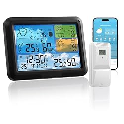 Estación Meteorológica con WiFi,Estación Meteoroló...: 【13 IN1 Estación Meteorológica Multifuncional】La estación meteorológica digital WLAN y la estación meteorológica con aplicación ofrecen 13 funciones: pronóstico del tiempo, presión de aire, tiempo, reloj, temperatura, humedad del aire, fecha, fase lu...