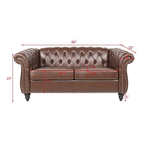 Image of LEVNARY Leather Sofa, Chesterfield Tufted Upholstered 2 Seater Couch, Modern Loveseat Couch Classic Furniture for Living Room Bedroom (Dark Brown)