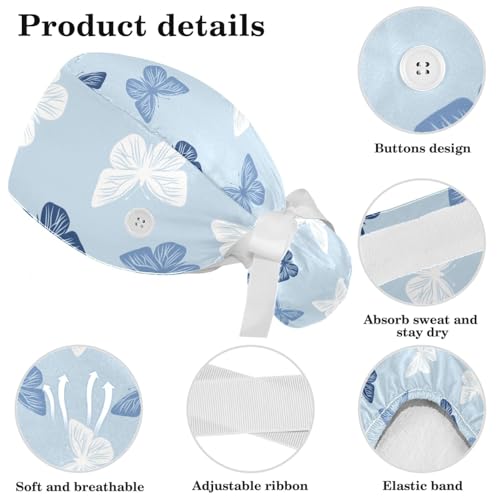 Image of Butterfly Scrub Cap Women with Ponytail & Buttons Adjustable Surgical Nurse Hat with Cotton Sweatband for Long Hair