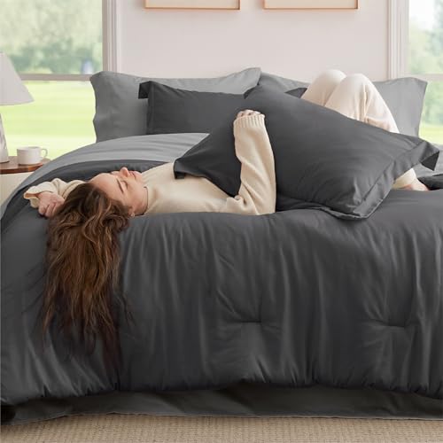 Image of Bedsure Full Comforter Set - 7 Pieces Dark Grey Full Bedding Set for All Seasons, Boho Contrasting Design Bed in a Bag with Comforter, Sheets, Pillowcases & Shams