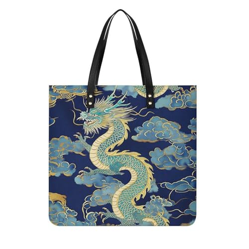 Leather Shoulder Bags for Women With Interior Small Bag, Soft Comfortable Traditional Chinese Dragon Art Tote Bag Purses, Handbags for Work