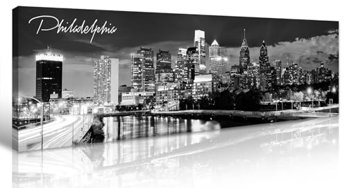 Image of DJSYLIFE Philadelphia Skyline Canvas Art, 13.8 inchx47.3 inch, Black & White | Cityscape Wall Decor, Modern Panoramic Night View Print, For Living Room, Office, Bedroom, Ready to Hang