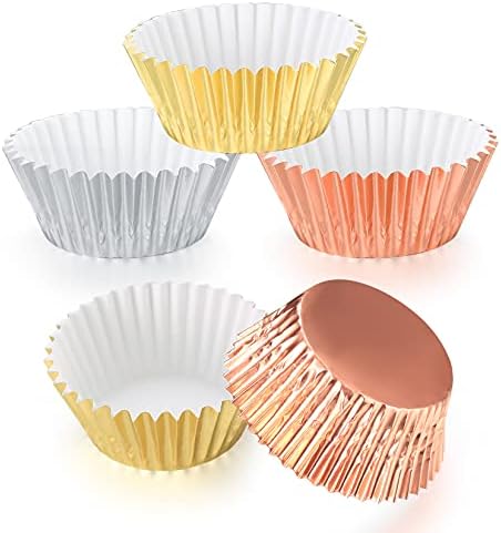 300 Pieces Foil Metallic Cupcake Cases, Muffin Cakes Paper Liners Cases, Wrappers Foil Baking Cups - Gold, Silver, Rose Gold
