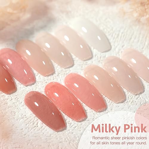 GAOY Milky Pink Jelly Nude Gel Nail Polish Set, 6 Transparent Colors Sheer White Soak Off UV Light Cure Gel Polish Kit for Salon and Nail Art DIY at Home