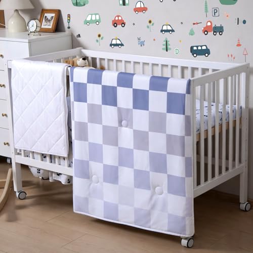 Image of SmoothNovelty 5 Pcs Cars Theme Baby Crib Bedding Set Include Checkered Crib Sheets Bed Skirt Comforter Pad Cover Wall Stickers for Boys Transportation Nursery Room Decoration