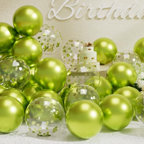 Image of SUWEN Metallic Lime Green and Confetti Balloons Set 47PCS Neon Green Latex | Helium Chrome Balloon for Birthday Anniversary Party Decorations
