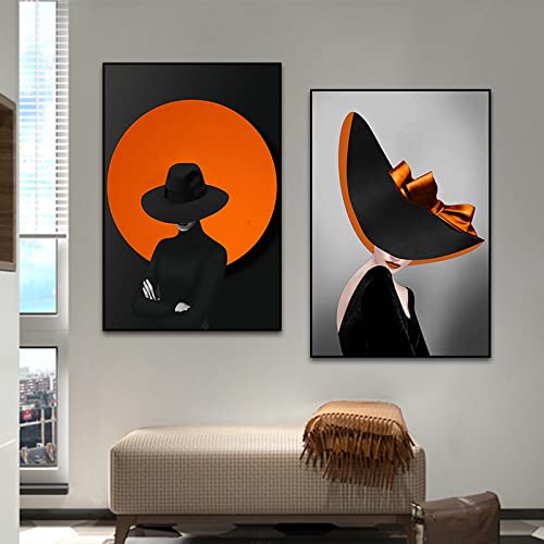 Toile Art Abstrait d'Élégance : Portrait Moderne de Femme au Chapeau pour une Déco Raffinée