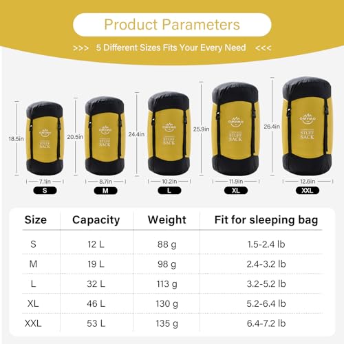 OMVMO Sleeping Bag Stuff Sack, 11L/18L/30L/45L/52L Water-Resistant Compression Sack,Anti-Tear Ultra Light Nylon Storage Bag，Black/Yellow/Orange/Dark Blue/Dark Green/Sky Blue (Yellow, XXL/53L) - Thumbnail 2