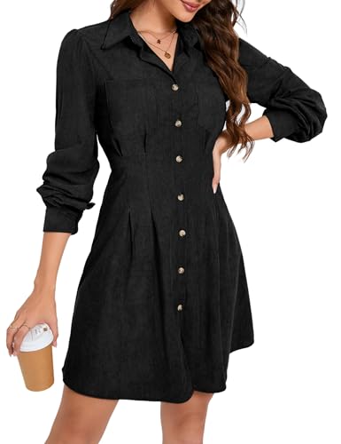 KOJOOIN Blusenkleid Damen Langarm Corduroy Hemdkleid A-Linien Tunika Kleid Minilänge Cordkleid mit Tasche und Knopfleiste Schwarz M