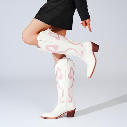 Image of Women's White Cowgirl Boots with Bow Knee High Cowboy Boots Almond Round Toe Chunky Heel Embroidered Western Cowboy Boots for Women