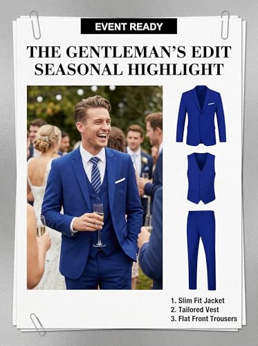 Image of Furuyal Men's Suits 3 Piece Slim Fit Suit Set,Two Button Wedding Business Tuxedo Solid Blazer Jacket Vest Pants with Tie