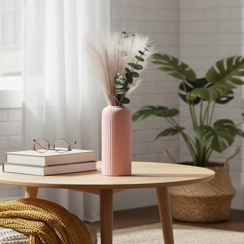 Image of KREATIVE ART'S Modern Ribbed Design Ceramic Flower Vase for Living Room, Flower Pots for Artificial Flower, Home Decoration Item, Home Decor, Vases for Living Room (Pink, Medium)