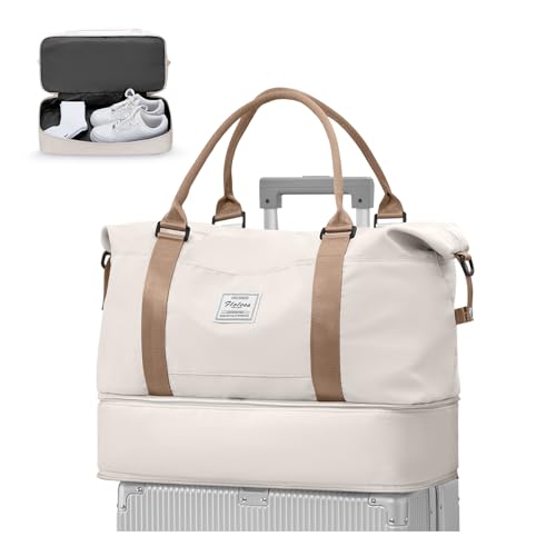 WEPLAN Bolsa Viaje 40x30x20 Ryanair Wizzair Bolso de Viaje Mujer Bolsa de Fin de Semana de Deporte con Compartimento para Zapatos Equipaje de Mano Impermeable Bolso Gimnasio Maternidad,Beige Marrón