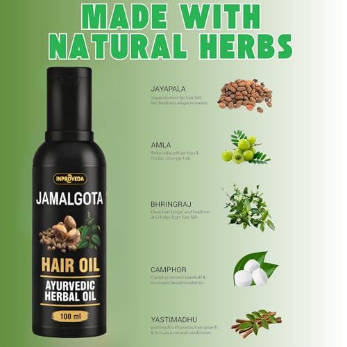 Image of Inproveda Jamalgota Hair Growth Oil for Men & Women | Ayurvedic Hairs Growth Oil | With Amla, Yastimadhu, Camphor, Rosemary, Jatamansi & Bhringraj - 100ml