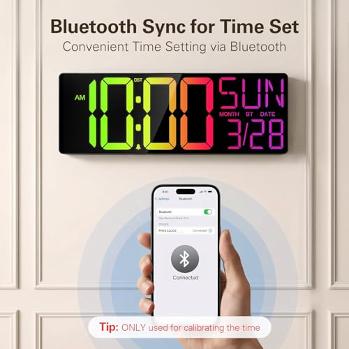 Image of JALL 17.98 inch Large Digital Wall Clock with RGB Lights & Remote, Digital Clock with Bluetooth Sync & DST, Wall Clock with Temperature & Seconds Display, Clocks for Living Room, Seniors