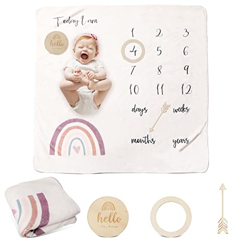 Image of ibwaae Baby Thick Flannel Monthly Milestone Blanket Newborn Growth Chart Soft Neutral Photography Background Blanket (40"x41") with Milestone Card Circle Ring Arrow Gift(Rainbow