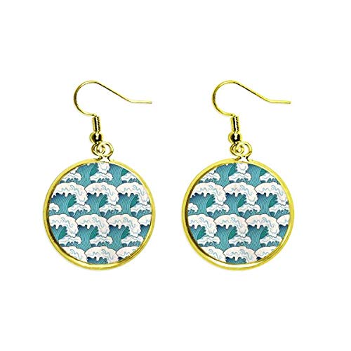 Pendientes largos dorados con olas de ukiyo-e japonés para mujer