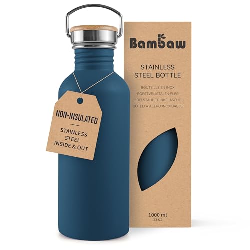 Image of Bambaw Non-Insulated Stainless Steel Water Bottle 32oz (1 Liter) - Single Wall, Dishwasher Safe, With Handle, Reusable, Large - Aegean Blue