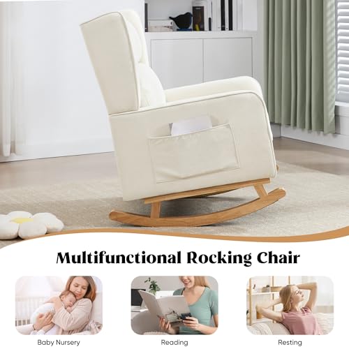 Image of HCHAIRH Nursery Rocking Chairs, Rocking Chair Nursery for Mom Nursery Rocker with High Backrest and Solid Wood Legs, Modern Wingback Accent Chairs for Reading Living Room Bedroom, Beige