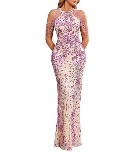Cololura Women Sequin Halter Tassel Mermaid Formal Maxi Dress Evening Gown