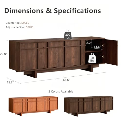 Image of TV Stand for 75 Inch TV, Mid Century Modern TV Stand with Skeletal Lines Design, Wood Grain Finish, Media Console with Storage, 65.6 inch Entertainment Center for Living Room, Bedroom, Walnut