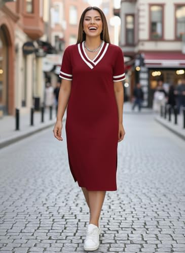 Image of Women's V-Neck Sporty T-Shirt Dress | Stylish Striped Sleeve One Piece for Women | Casual Summer Knee Length Short Dress | Trendy Beach & Resort Wear Western Dress (26 D-1-3)