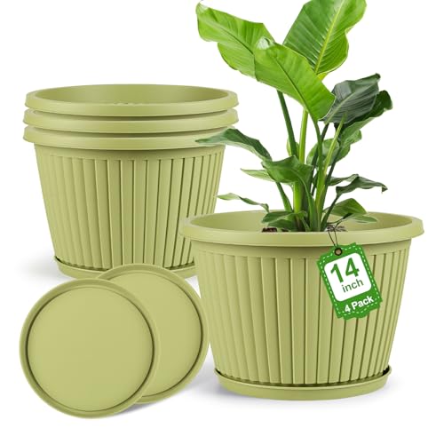 14-inch-Large-Planters-for-Outdoor-Plant，Plastic Indoor Flower Pots with Drainage Holes & Saucer，4 Packs Decorative Garden Pots for Plantfor Home Porch Decor