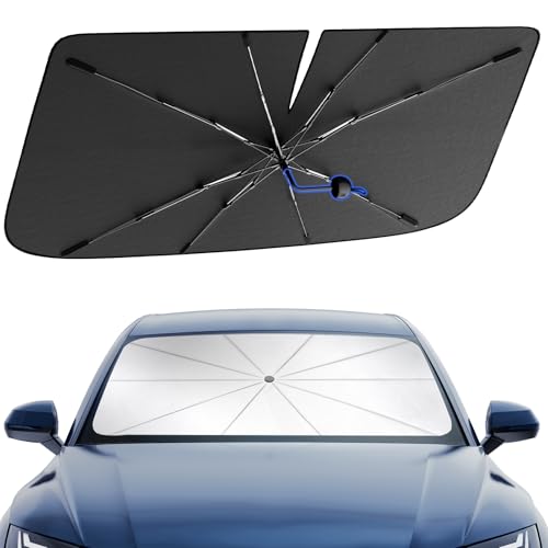 [Neuestes 210T Pongee] PEMOTech 2025 Upgrade Car Shades für vordere Fenster, Auto Windschutzscheibe Sonnenschutz Abdeckung Regenschirm, Faltbare Auto Visor UV-Strahlen Reflektor (57„ x 33“)