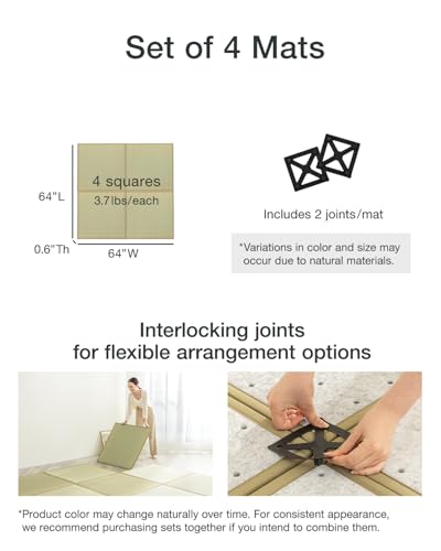 Image of FULI Japanese Square Tatami Mat, 32x32x0.6 in, Natural, 4 Pieces, Igusa