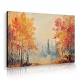 レトロなエレガンスキャンバスアートワークポスター秋の森の霧キャンバスウォールアートプリントリビングルームの家またはオフィスの装飾用20x28cmインナーフレームを吊るす準備ができています