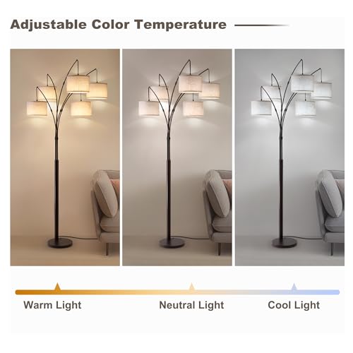 Image of Dimmable Floor Lamp - Arc Floor Lamps for Living Room, 4000LM Super Bright Modern Tall Standing Lamp with Black Shades & Heavy Base, Mid Century Tree Floor Lamp for Bedroom Office