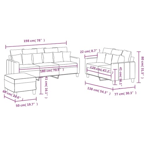 vidaXL Sofagarnitur 3-TLG., Sessel Couch mit Kissen Fußhocker, Sofa Wohnzimmersofa mit Armlehnen, Couchgarnitur Designsofa Sitzmöbel Polstermöbel, Hellgrau Stoff – Bild 4