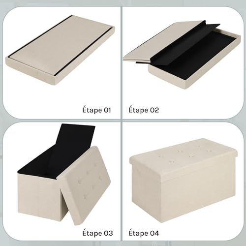 Banc de rangement pliable en lin blanc crème 76x37.5x38cm - 7