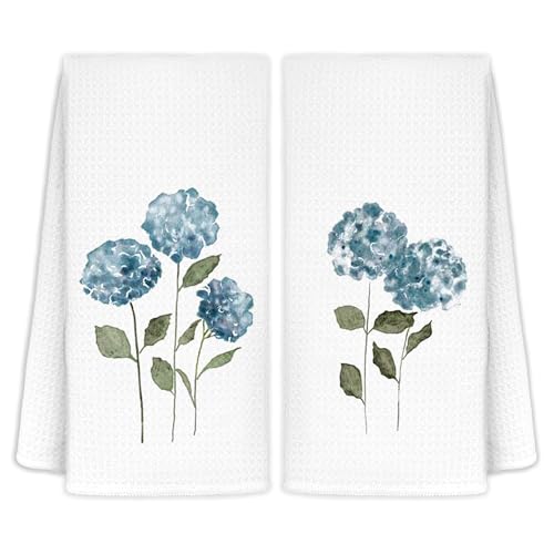 CIOJUNE Blue Hydrangea Flowers Floral Kitchen Towels Set of 2 - Summer Flowers Decorative Hand Towels for Bathroom, Blue Hydrangea Decor Dish Towels for Kitchen, Floral Hand Towels, 16x24