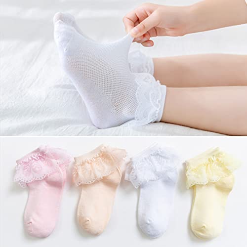 4 Pairs Lace Ruffle Ankle Socks for Girl, Cotton Princess Style Toddler Dress Sock for 2-11 Years4