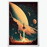 Vintage Rocket Galaxy Canvas Poster Retro Space Print Wall Art Milky Way Galaxy Outer Art Wall Decor Living Room Bedroom Office Room Decorate 12x18inch Unframed