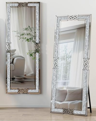 Artloge Crushed Diamond Floor Mirror: 64 x 22 inch Rectangular Full Length Vanity with Decorative Bling Crystal Rhinestones Silver Beveled Edge for Livingroom Bedroom Funcky Art Home Decor
