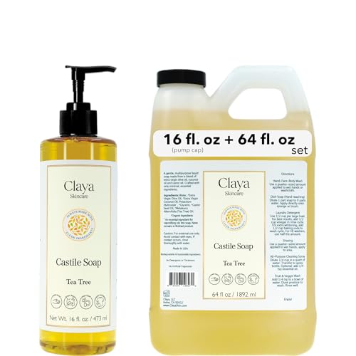 Image of Claya Tea Tree Liquid Castile Soap - Organic Ingredients, Biodegradable, and Clarifying, Gentle for Skin and Multi-Purpose (16 fl oz (Pump Cap) and 64 fl oz)
