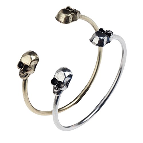 Fantastic Set Kit of 2 Punk Gothic Style Bracelets Bangles In Silver And Golden Colors With Little Skulls By VAGA