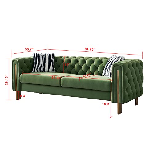 Image of Dolonm Modern Velvet Sofa for Living Room, 84 Inches Long Tufted Couch Upholstered Sofa with 2 Pillows High Arm and Metal Legs Decor Furniture for Bedroom, Office (Turquoise)