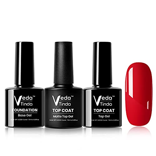 Veda Tinda 3PCS 7.5ml Base No Wipe Top Coat - Matte&Shine Top Gel Base Coat Set Gel Nail Polish Soak Off UV LED Drying Long Lasting Shiny Nail Set …