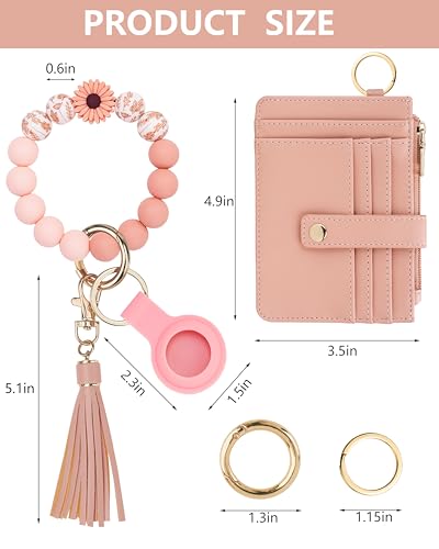 Image of Wristlet Wallet for Women, Keychain Wallet with AirTag Holder | 9 card slots,ID window & zipper pocket,RFID,beaded wrist strap and compact design for travel,shopping and daily carry.
