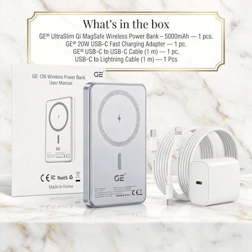 Image of GE 5000mAh Magnetic Qi Power Bank - 20W Fast Charge (Wired & Wireless) | UltraSlim Portable Charger | USB‑C Charging Kit Included | Compatible with iPhone 12-17 | OEM | New 2026 | Made in Korea.