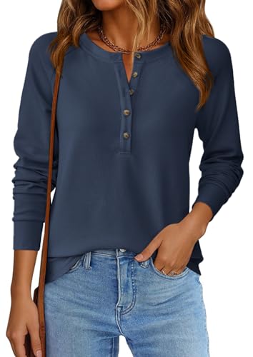 Image of PRETTYGARDEN Women's Long Sleeve Waffle Knit Henley Shirts Loose Tunic Tops