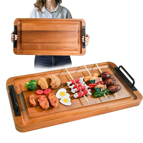 Large Wooden Charcuterie Boards with Handles, Extra Long Wood Serving Tray Platters,Rectangular BBQ Meat Cutting Cheese Board for Party Appetizers,Home & Outdoor 23.6x11.8x1.1”