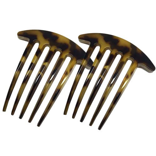 Parcelona French Medium Interlocking 5 Teeth Celluloid Light Shell Set of 2 French Hair Side Combs Flexible Durable Strong Hold Hair Clips Women No Slip Styling Girls Hair Accessories, Made in France